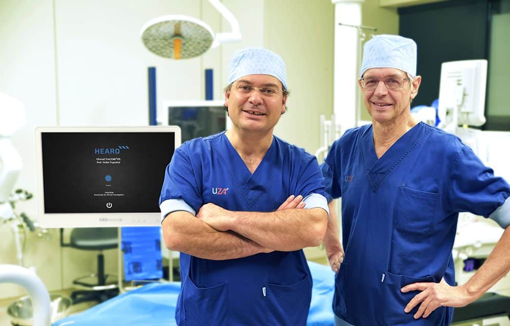 Prof. Vedat Topsakal and Prof. Paul Van de Heyning after first robotic cochlear implantation with HEARO robot from CAScination