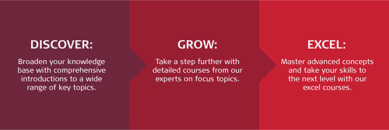 Discover: Broaden your knowledge base with comprehensive introductions to a wide range of key topics. Grow: Take a step further with detailed courses from our experts on focus topics. Excel: Master advanced concepts and take your skills to the next level with our excel courses.