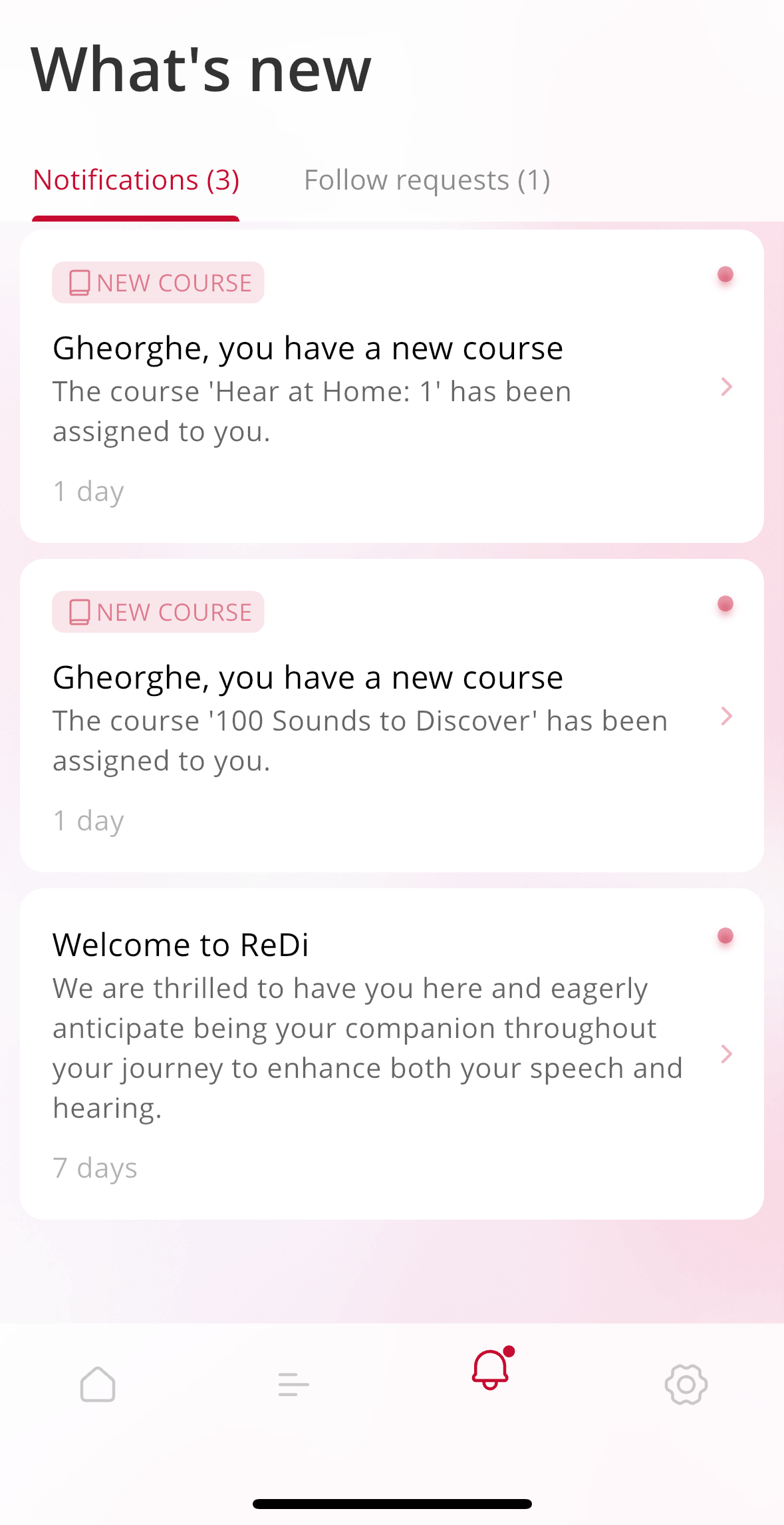 The ReDi auditory rehabilitation app sends notifications to users if new courses have been assigned to them.