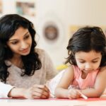 A toddler Who Received a Cochlear Implant Late is painting next to her mother and can Still Benefit From Cochlear Implantation.