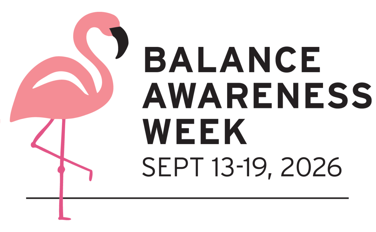 Balance Awareness Week logo showing a pink flamingo balancing on one leg, symbolizing balance. To the right, large black text reads “Balance Awareness Week,” with the event dates “Sept 13-19, 2026” below. A thin horizontal line runs across the bottom of the design.