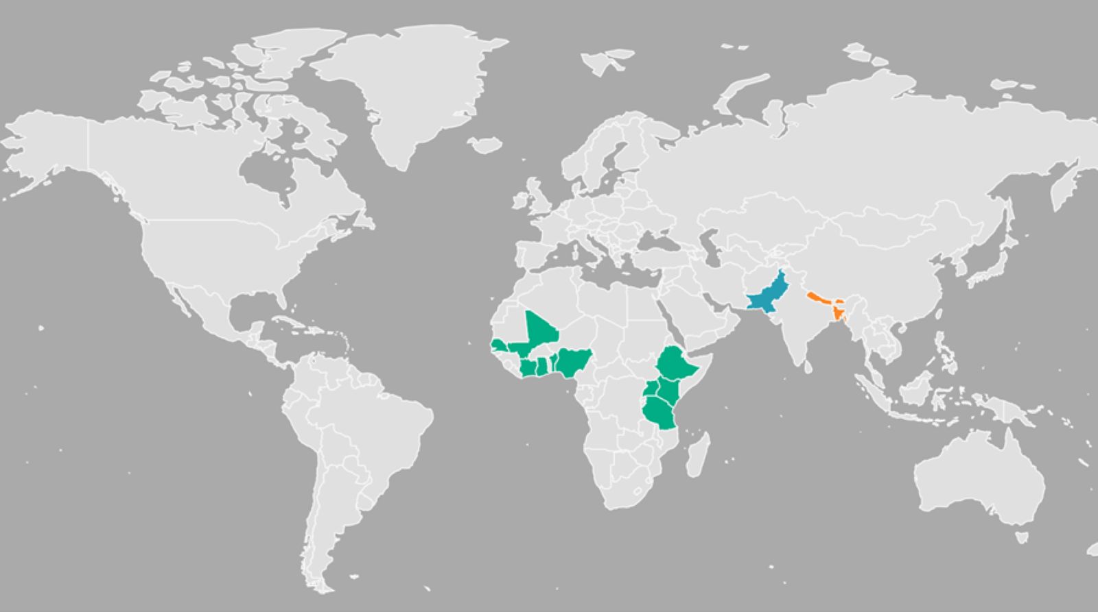 World map in muted gray tones with select countries highlighted in color to indicate focus regions. Several countries in West and East Africa are shaded in green, one country in South Asia is highlighted in blue, and another nearby country is marked in orange. The rest of the map remains gray, emphasizing the highlighted regions as areas of activity or interest.