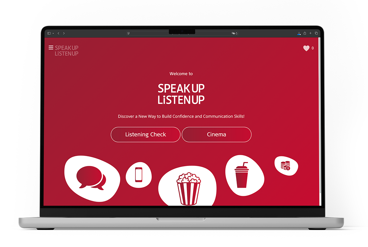 Laptop shows Speak Up, Listen Up homepage with Listening Check and Cinema buttons.
